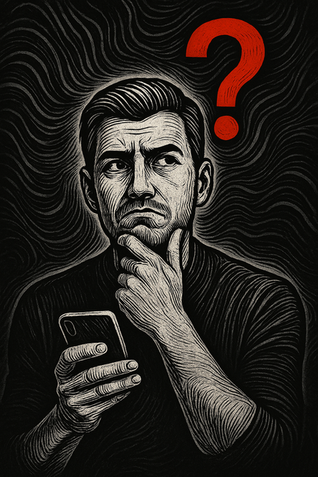 Linocut-style digital illustration in black, white, and red. A man holds a smartphone and touches his chin in a thoughtful pose, with a glowing red question mark above his head. The background features abstract, hand-carved psychedelic textures and wave patterns, symbolizing reflection, data flow, and artificial intelligence.