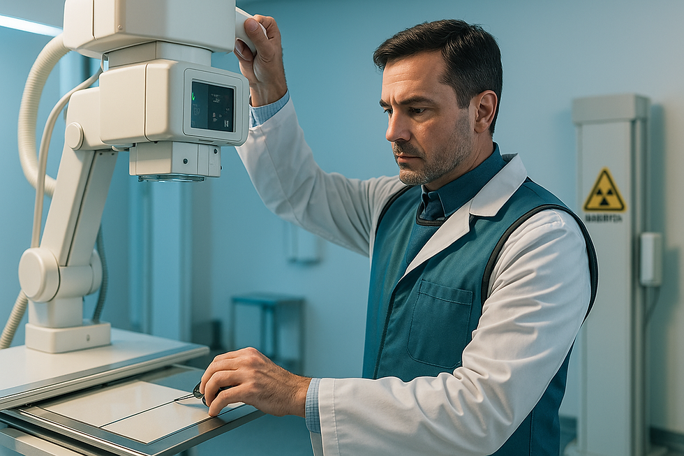 homem de 40 anos, jaleco branco e colete de chumbo, ajustando aparelho de raio-x em sala hospitalar com iluminação azulada, placas de advertência sobre radiação, ambiente técnico e limpo, rosto focado no equipamento, estilo hiper-realista