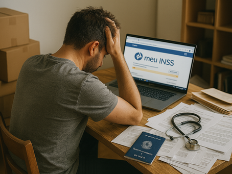 Homem sentado em frente a um notebook aberto na página do Meu INSS, com expressão cansada, apoiando a cabeça na mão. Na mesa há uma carteira de trabalho, papéis espalhados e um estetoscópio, representando confusão ao lidar com questões previdenciárias.