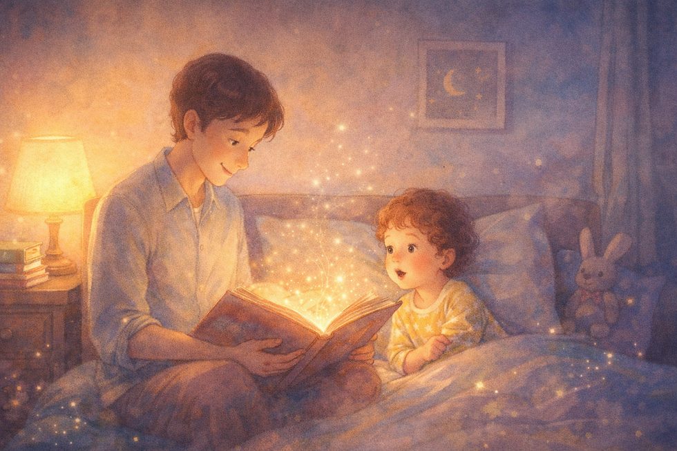 Ilustração aconchegante em tons quentes de um pai sentado na cama à noite lendo um livro mágico para seu filho pequeno. O livro aberto emite partículas brilhantes de luz amarela que iluminam o rosto maravilhado do menino. Ao fundo, há um abajur aceso e um coelhinho de pelúcia na cama.