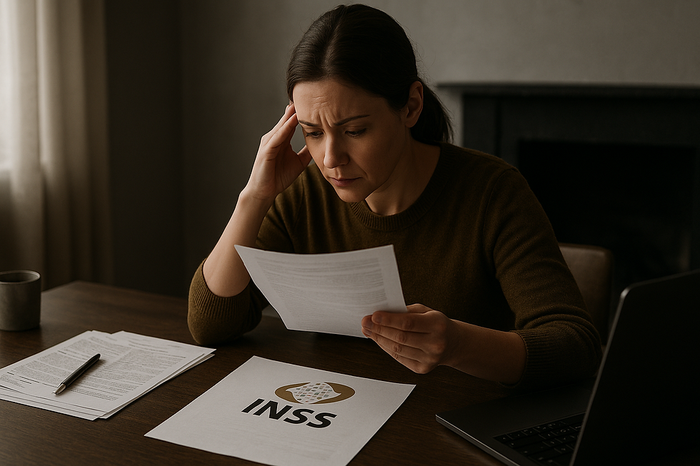 Mulher adulta, sentada à mesa, analisa com expressão preocupada documentos do INSS e laudos médicos em um ambiente residencial com luz suave e tom sóbrio.