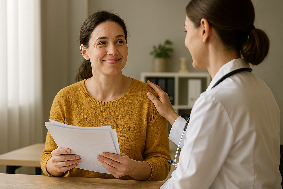 Mulher adulta com fibromialgia sendo atendida por profissional de saúde em ambiente acolhedor, segurando documentos, simbolizando esperança e novos direitos.