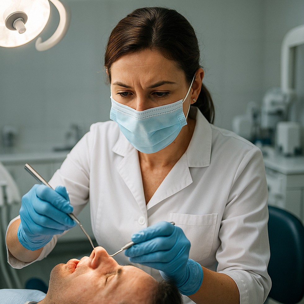 mulher de 39 anos, dentista com jaleco branco, máscara e luvas, operando paciente em cadeira odontológica com equipamentos modernos, luz intensa de consultório refletindo no rosto, ambiente clínico organizado, expressão atenta e profissional, estilo hiper-realista
