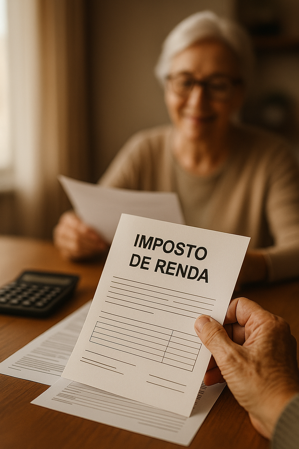 Pessoa aposentada segurando documento de Imposto de Renda em ambiente iluminado e tranquilo, simbolizando revisão fiscal com segurança na aposentadoria – tema do blog sobre isenção do IR para aposentados.