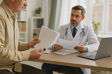 Paciente segurando documentos durante uma consulta com médico, que está sentado à mesa usando jaleco e estetoscópio, analisando papéis ao lado de um laptop em consultório iluminado.