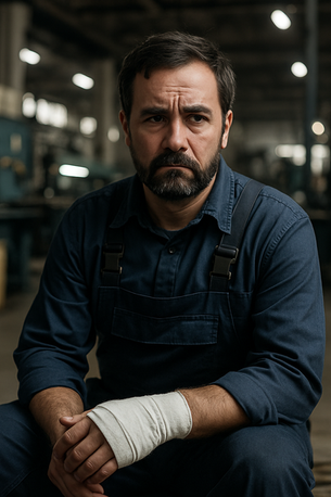 Trabalhador sentado no local de trabalho com a mão enfaixada e olhar triste após sofrer um acidente no trabalho