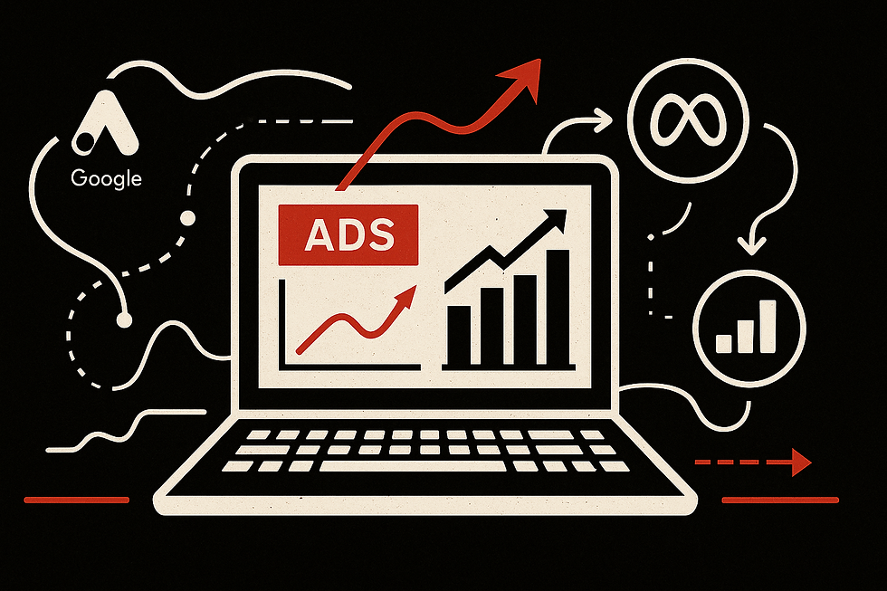 Minimalist black-and-white digital illustration with subtle red highlights. A laptop screen displays graphs and ads, surrounded by arrows and data flow lines symbolizing performance marketing, online advertising, and digital growth.