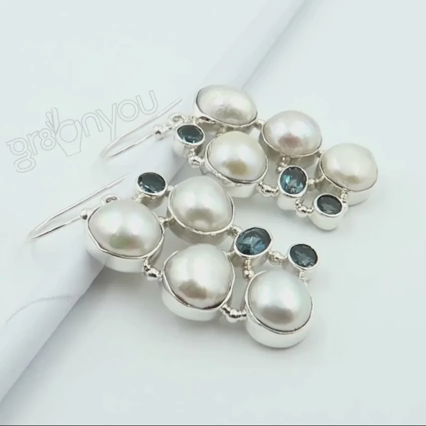 AAA Grade BIWA PEARL, LONDON BLUE TOPAZ Huge Solid Silver Earrings