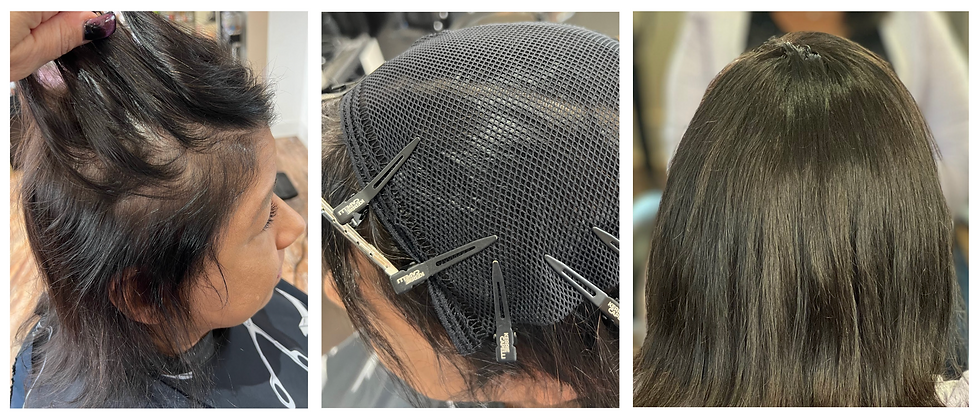 Before and after results of hair extensions and wigs by Hair Solutions by Stephanie.