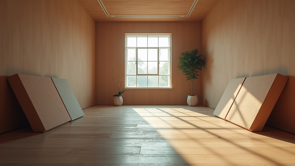 Eye-level view of a small room with acoustic foam panels on the walls
