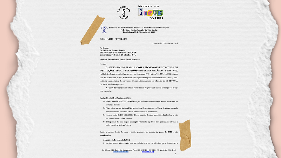 Comando Local de Greve protocola ofício com pautas locais da greve de 2026 junto à Administração Superior da UFU