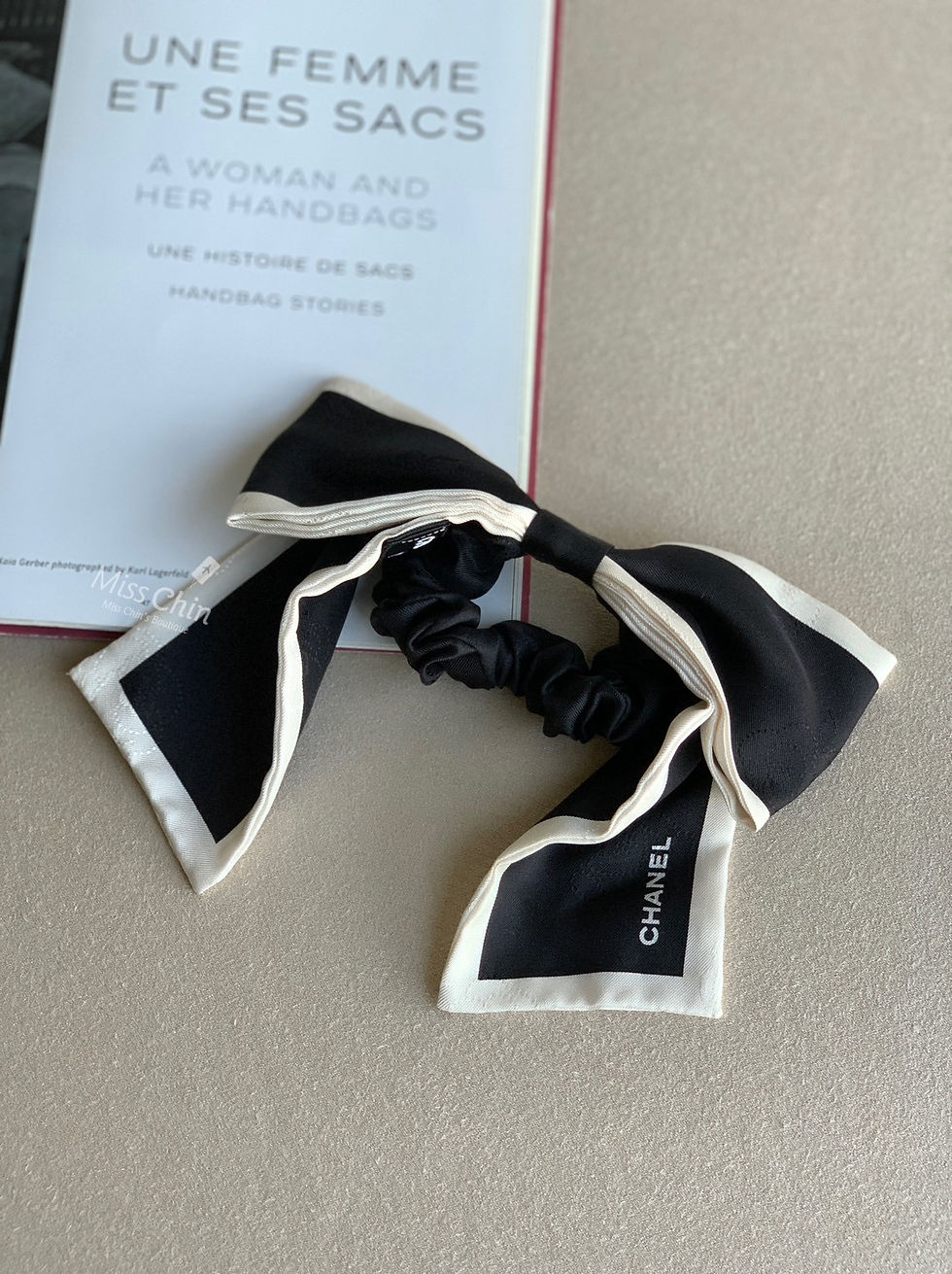 縮圖：Chanel 真絲黑白蝴蝶結髮圈 #黑
