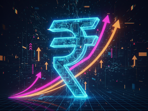Digital art thumbnail for a blog post, a large, glowing holographic Indian Rupee symbol (₹) floats at the center. The symbol is made of intricate, glowing blue circuit board patterns. From the symbol, vibrant data streams and arrows in neon pink and saffron orange shoot upwards, signifying growth and innovation. The background is a dark, futuristic abstract design.