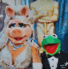 Miss Piggy and Kermit, pixel art, original art, art for sale, impasto, pixel, iconic, painting.
