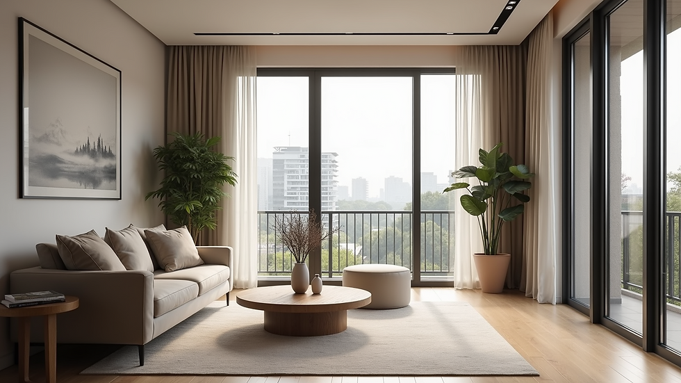 Eye-level view of a modern serviced apartment living room with a cozy sofa and large windows