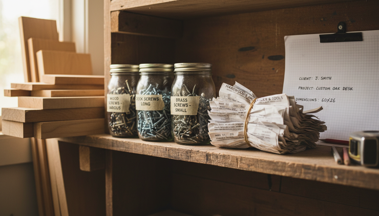 Close-up view of a workshop shelf with labeled materials and a stack of supplier bills.