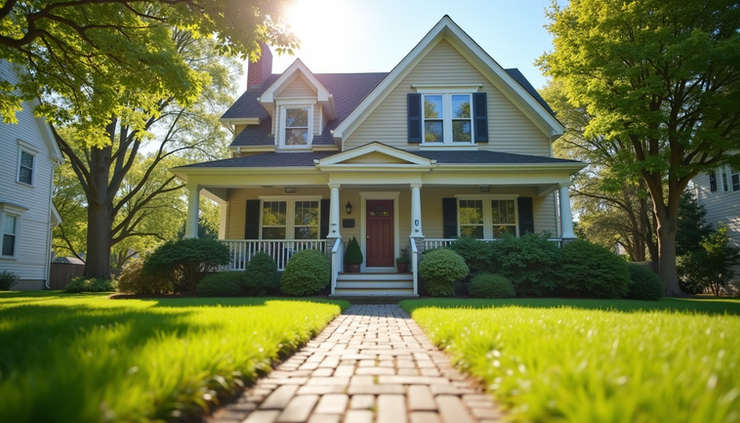 Silmapaistev vaade hästi hooldatud elamule tänava ääres
