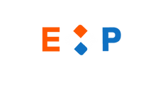 explosives packaging logo, orange capital letter E, rounded diamond shape made up of 4 squares, and a blue capital letter P