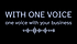 black logo with lilac writing saying 'with one voice' and byline 'one voice with your business'