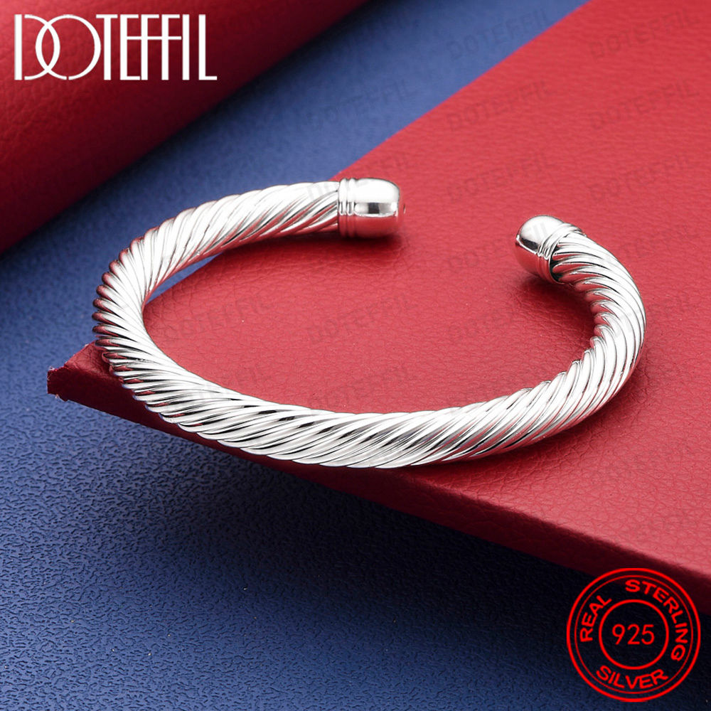 925 Sterling Silver Thread Bangle Bracelet For Man Woman Wedding Engagement Fash
