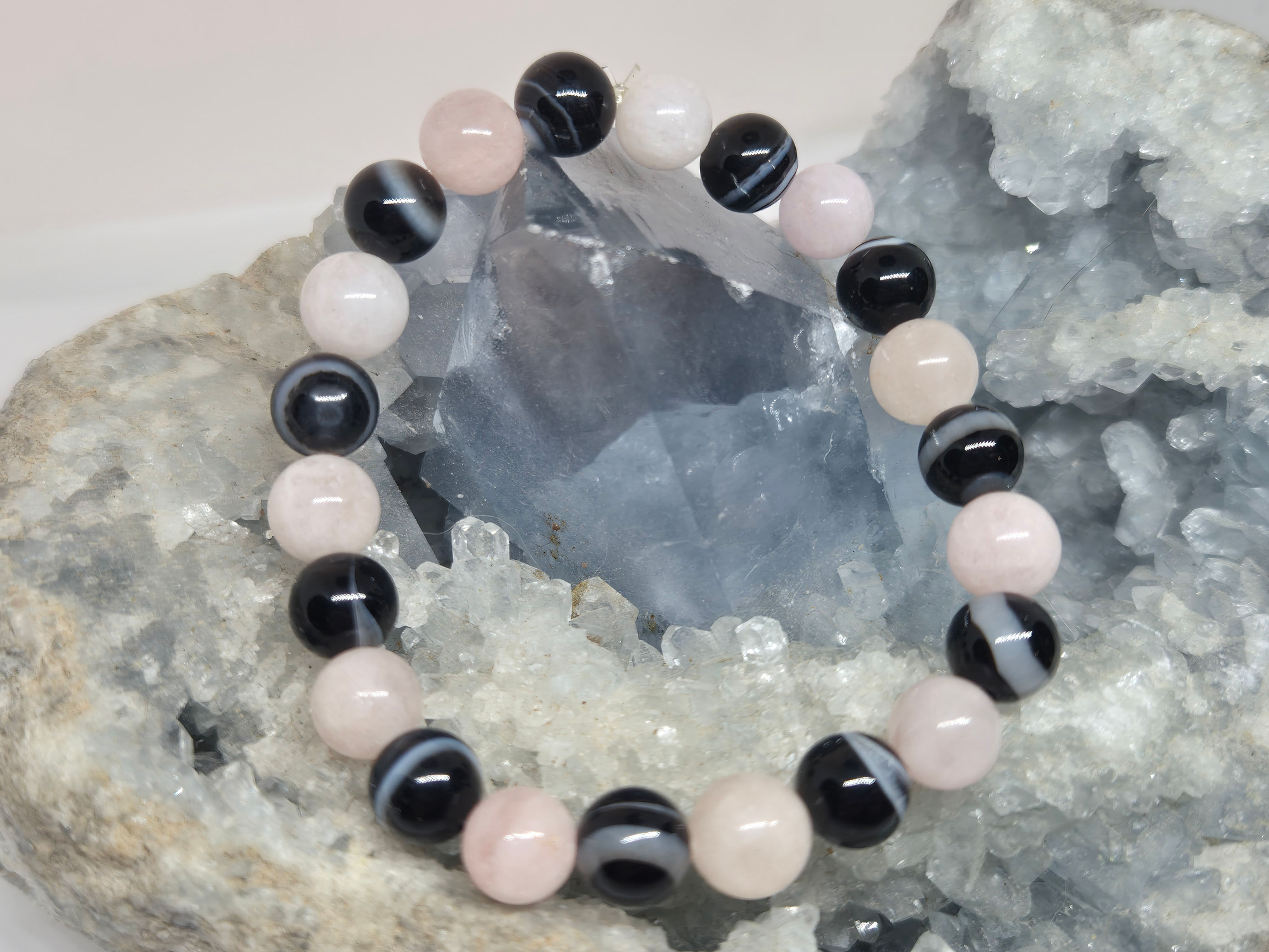 Morganite et Agate noire Bracelet 8mm