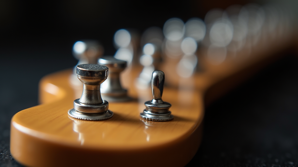 Close-up view of a guitar neck with tuning pegs
