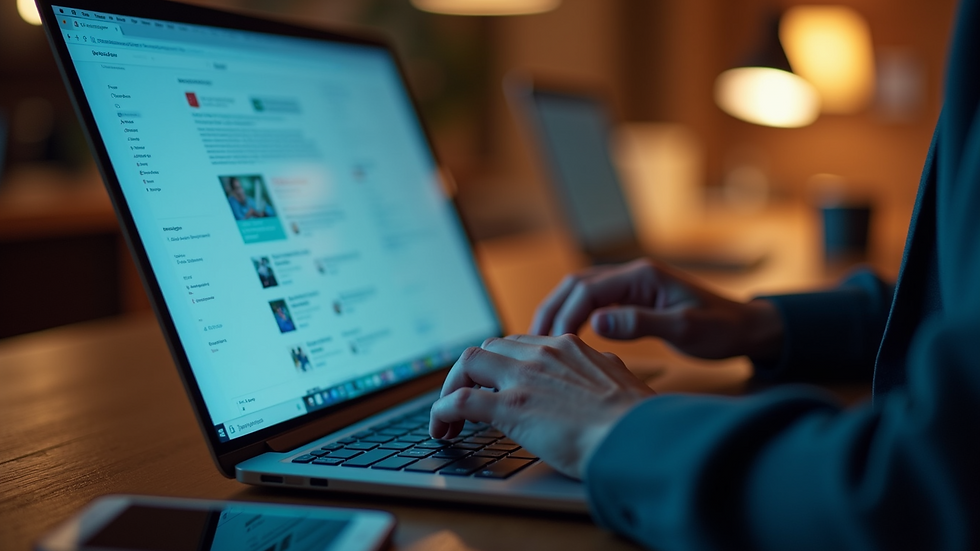Eye-level view of a person engaging with digital content on a laptop