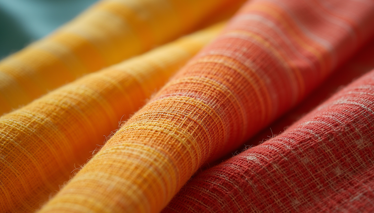 Close-up of handwoven khadi fabric with natural dye patterns