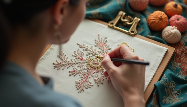 High angle view of a designer working on digital embroidery patterns for ethnic wear