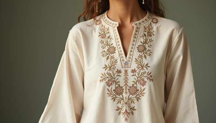 Close-up of a handloom cotton kurta with minimal embroidery