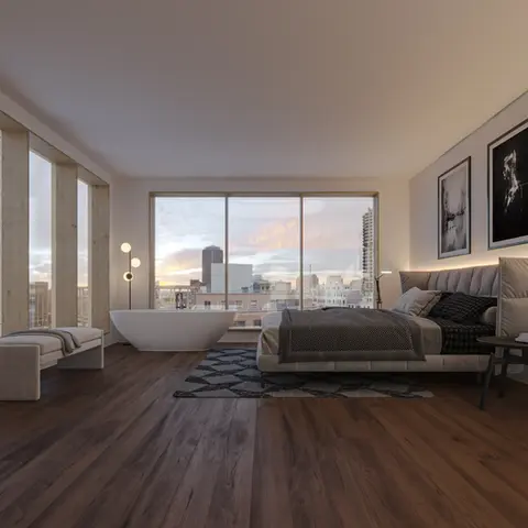 High-end architectural visualization of a modern bedroom with floor-to-ceiling windows, showcasing natural lighting, luxury interior design, and minimalist aesthetics.