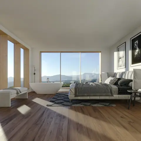 High-end architectural visualization of a modern bedroom with floor-to-ceiling windows, showcasing natural lighting, luxury interior design, and minimalist aesthetics.