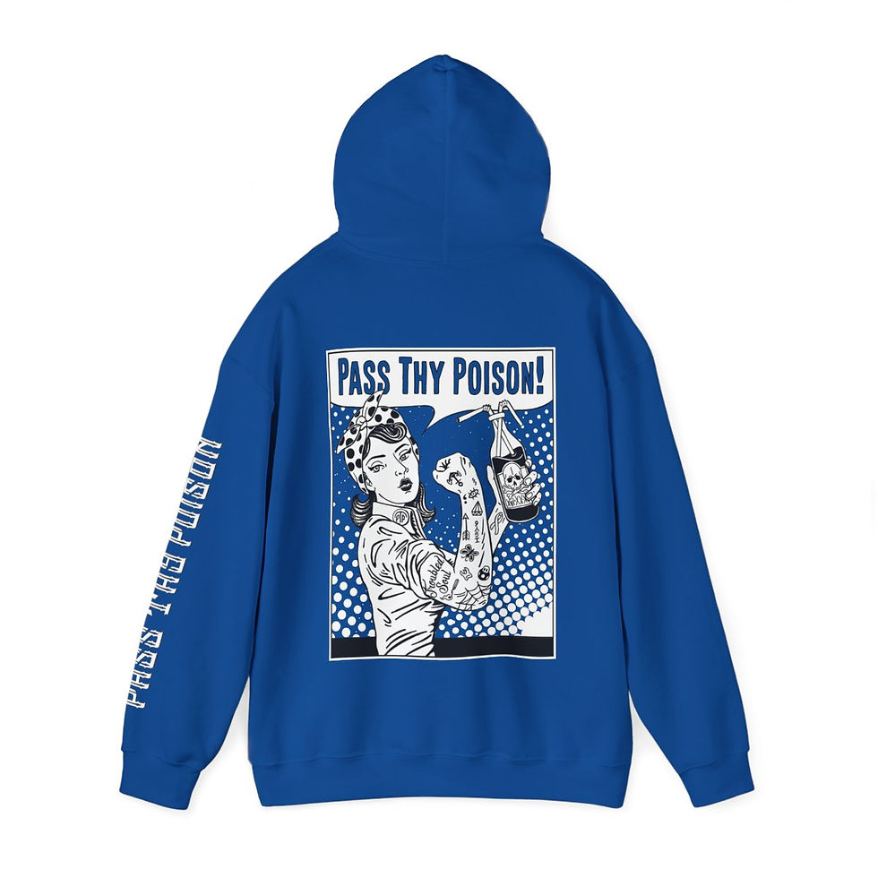 Thumbnail: PTP Tattooed Rosie the Riveter Color Hoodie back view shown in royal blue