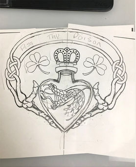 Image of the Pass Thy Poison Claddagh Snake design in the drawing phase