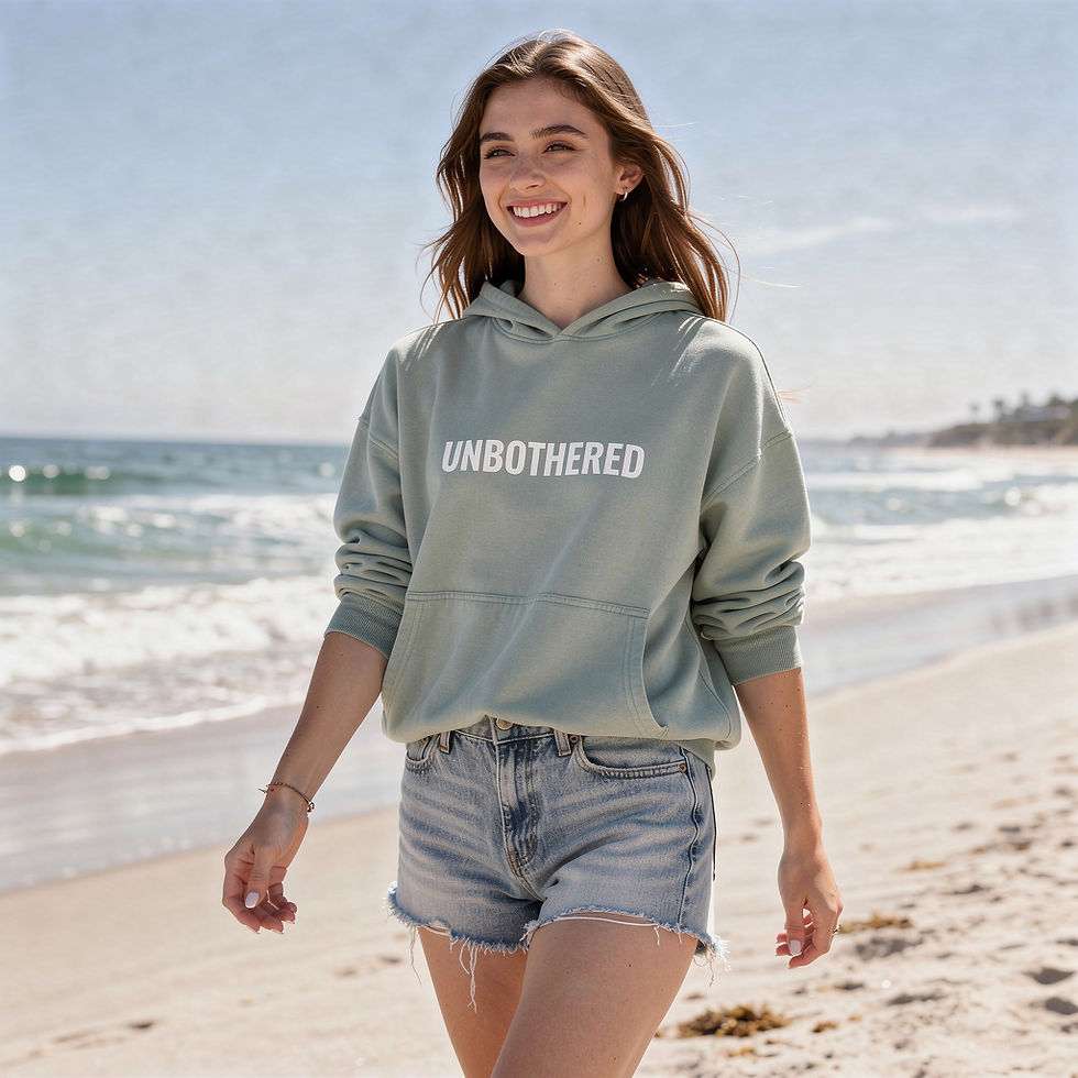 Unbothered Vintage Wash Hoodie on a smiling pretty girl walking on the beach in the sunlight with cut off jeans