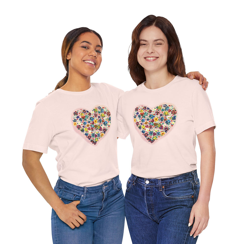 Thumbnail: Flower Heart T-shirt on two friends giving a hug