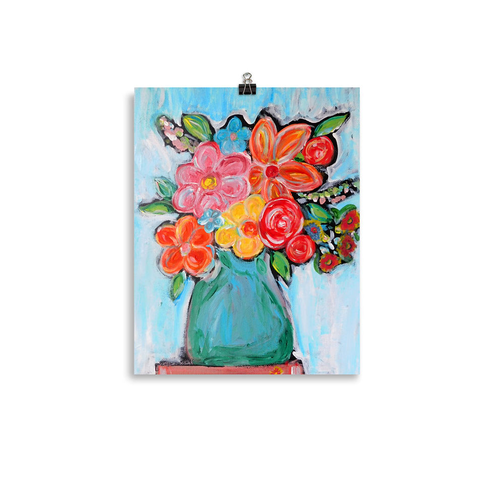 Thumbnail:  Turquoise Flowers Bouquet Print - Unframed