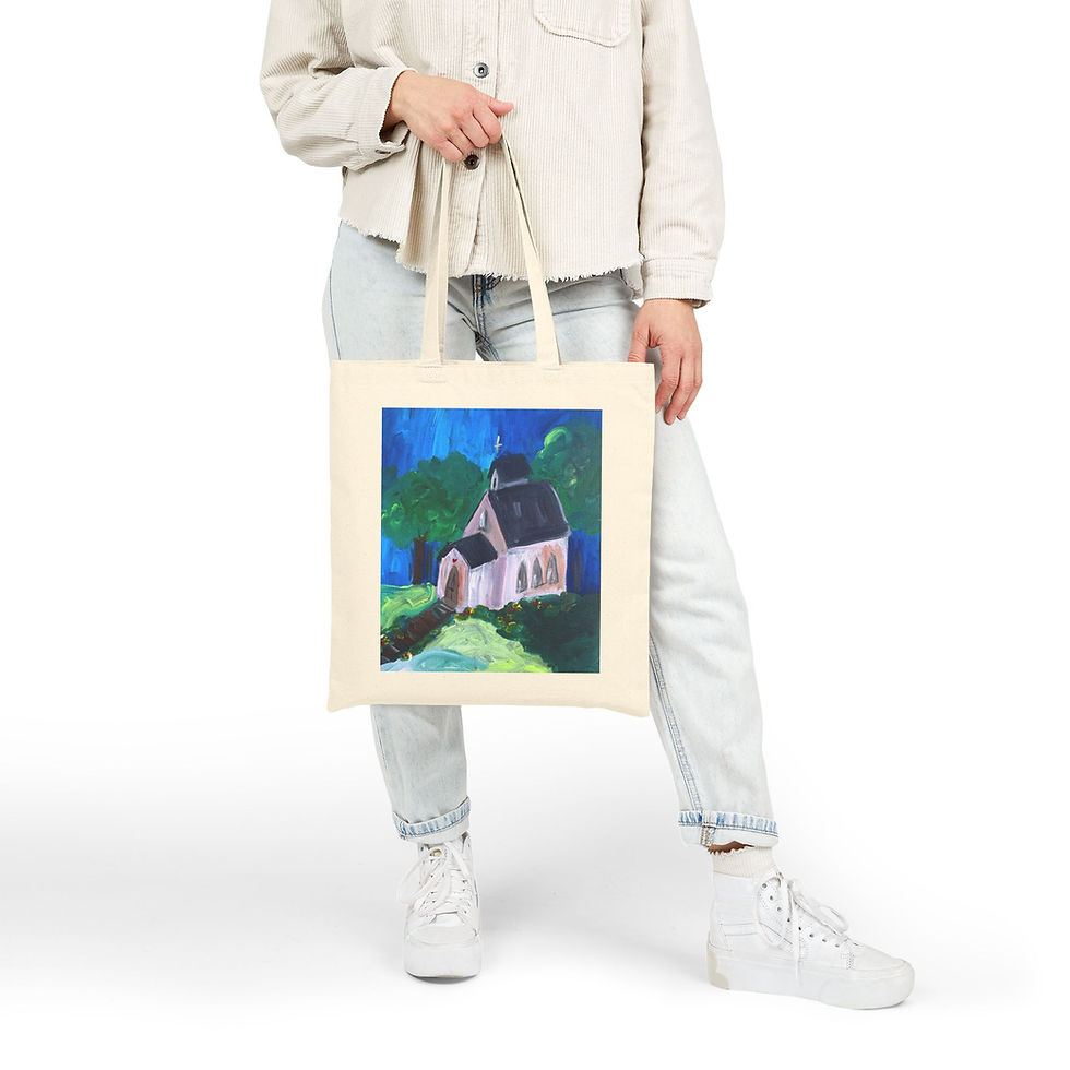 Thumbnail: Church of Heart Tote Bag being held for size