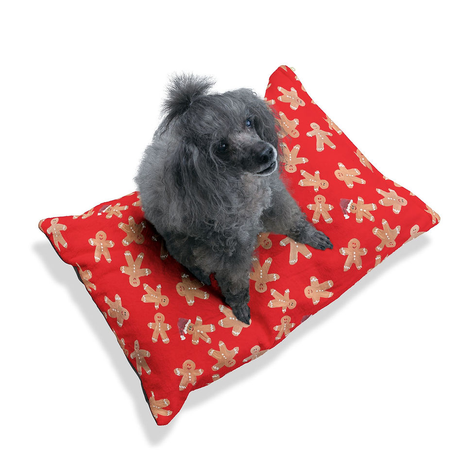 Thumbnail: Hidden Santa Gingerbread Man Holiday Pet Bed with a small poodle dog breed