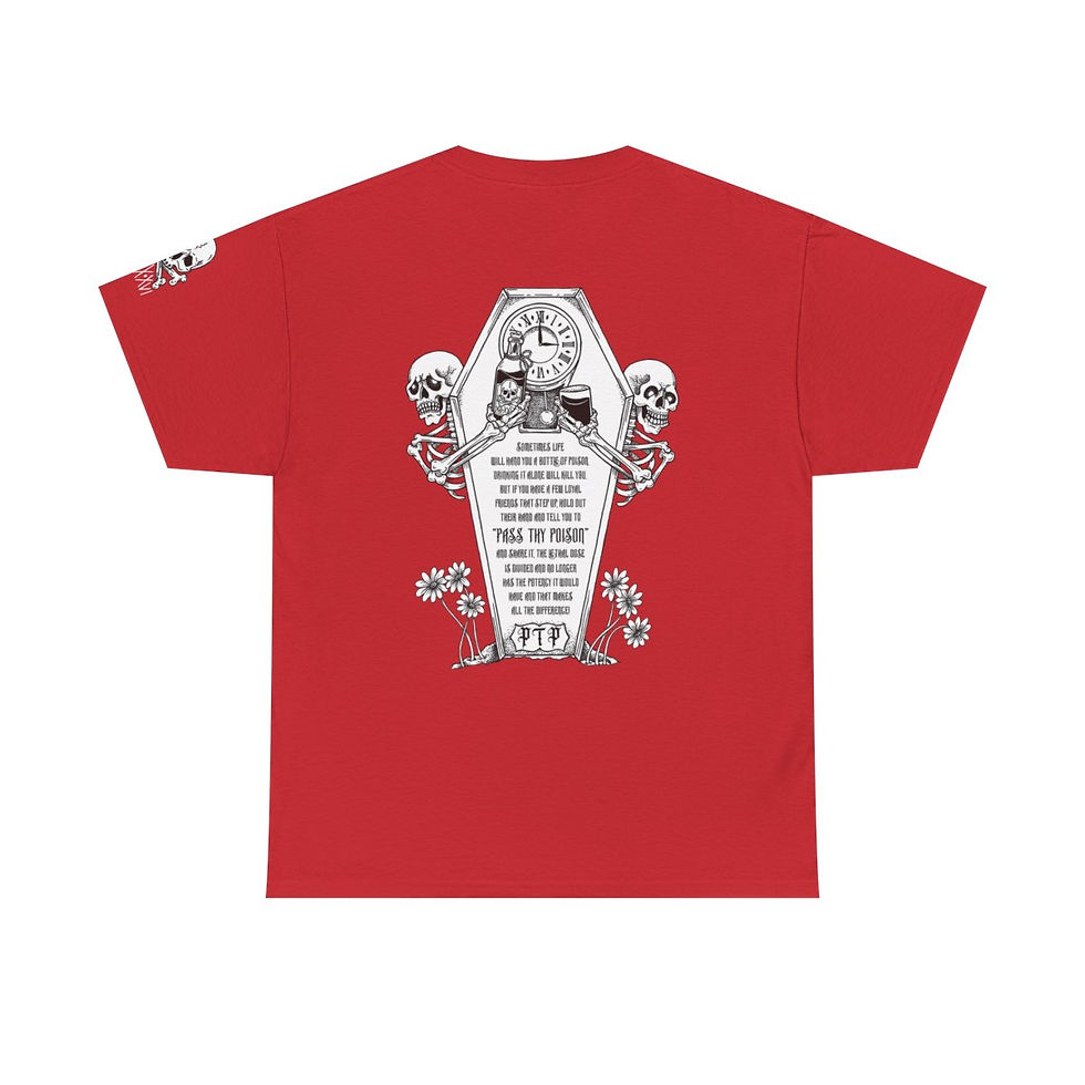 Thumbnail: Pass Thy Poison Coffin T-Shirt back view in red