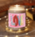 LOVE Valentine's Candle shown lit with twinkle lights