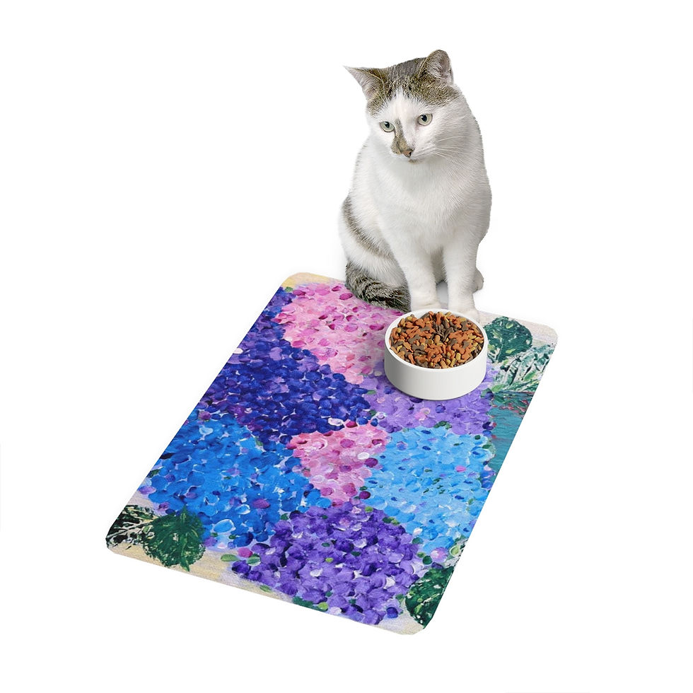cat near the hydrangea pet food mat
