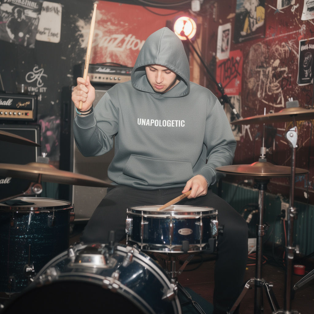 Unapologetic Vintage Wash Hoodie on a trendy man playing the drums in a gritty bar