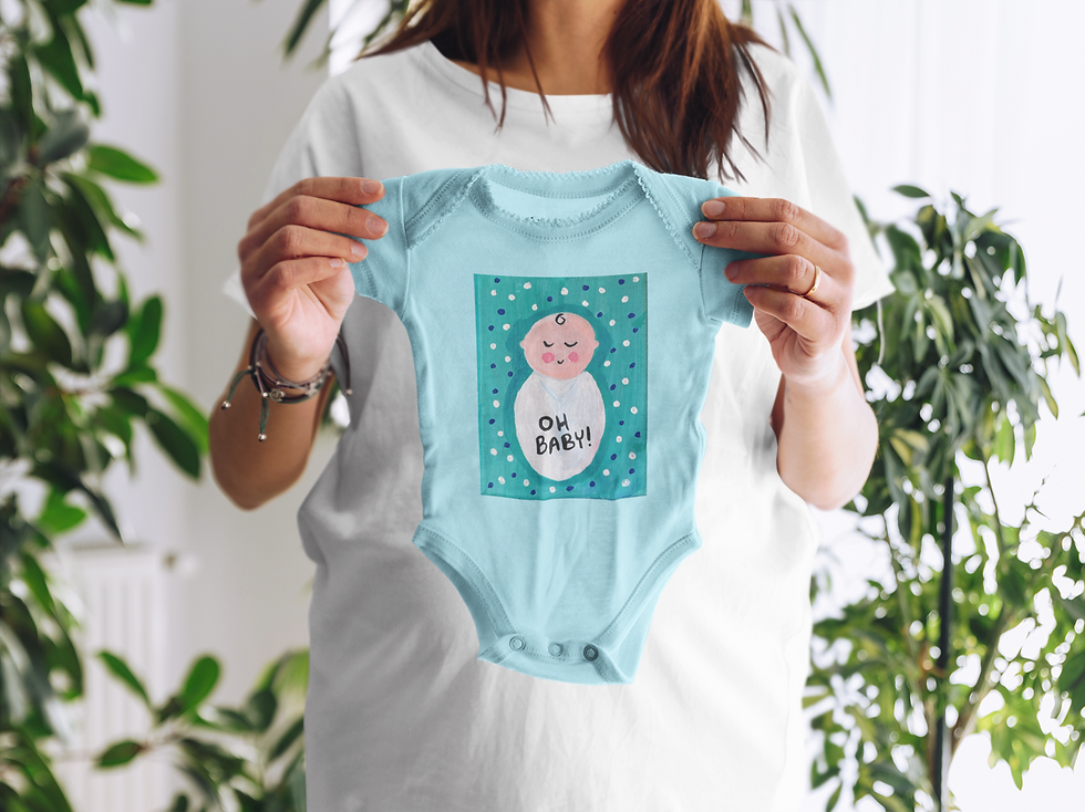 Oh Baby! Infant Bodysuit held up by a pregnant mom to be