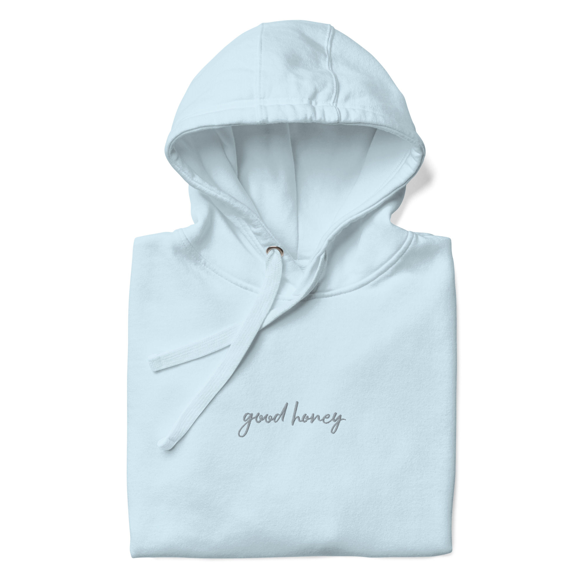 Good Honey Hoodie front shown folded in sky blue