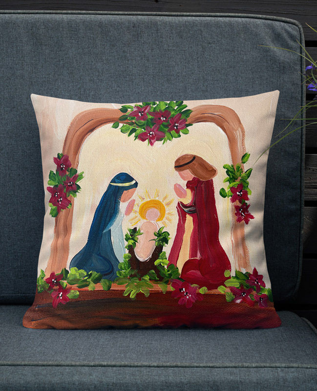 Nativity, Crèche Poinsettia Pillow close up view in a Christmas setting