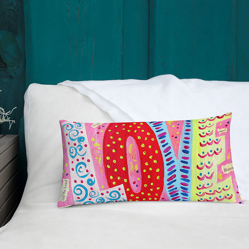 Thumbnail: love pillow front view on on a bed in a home