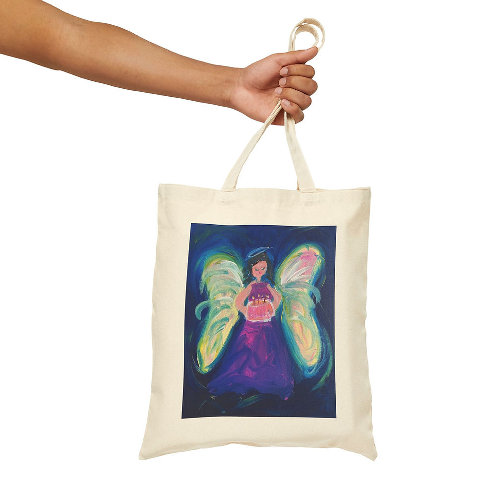 Thumbnail: Angel Cake Tote Bag being held out at arm's length