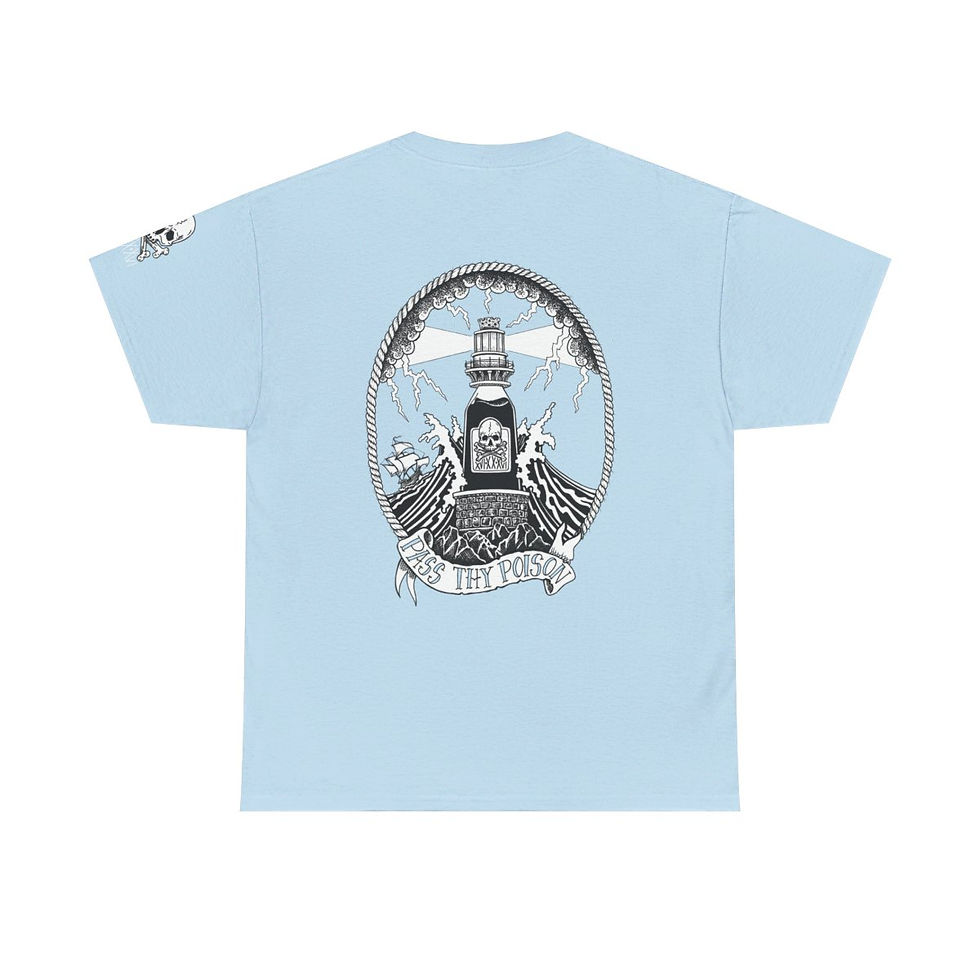 Thumbnail: ptp tattoo-inspired lighthouse t-shirt back view in light blue