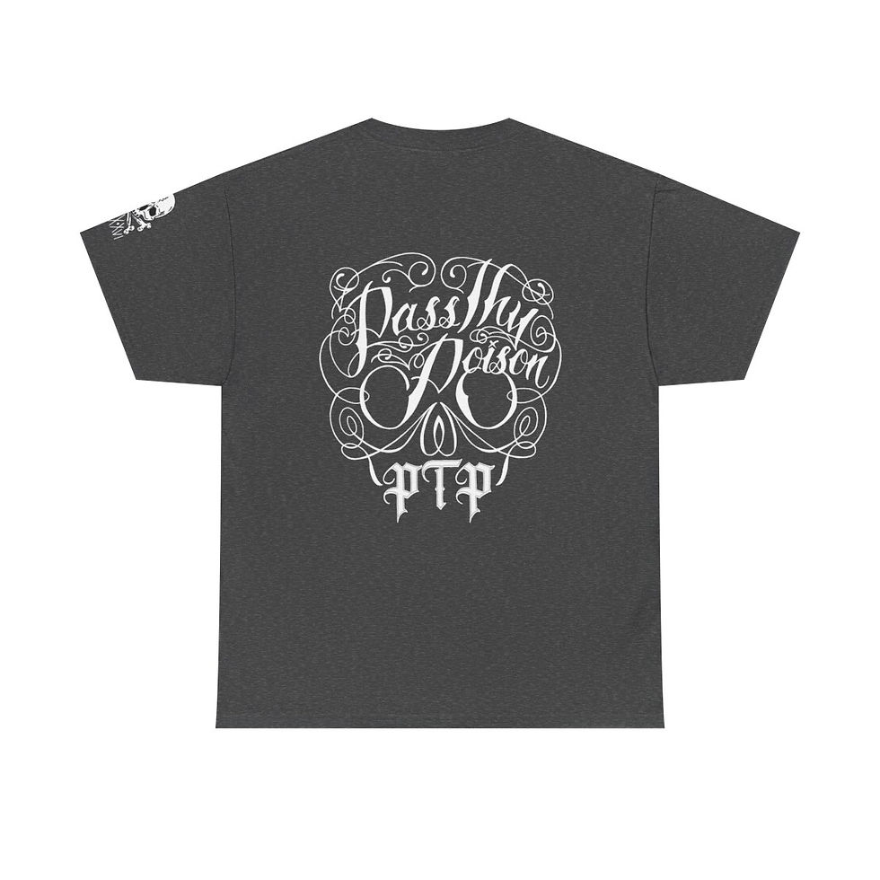 Thumbnail: Pass Thy Poison Word Skull T-shirt back view in dark gray